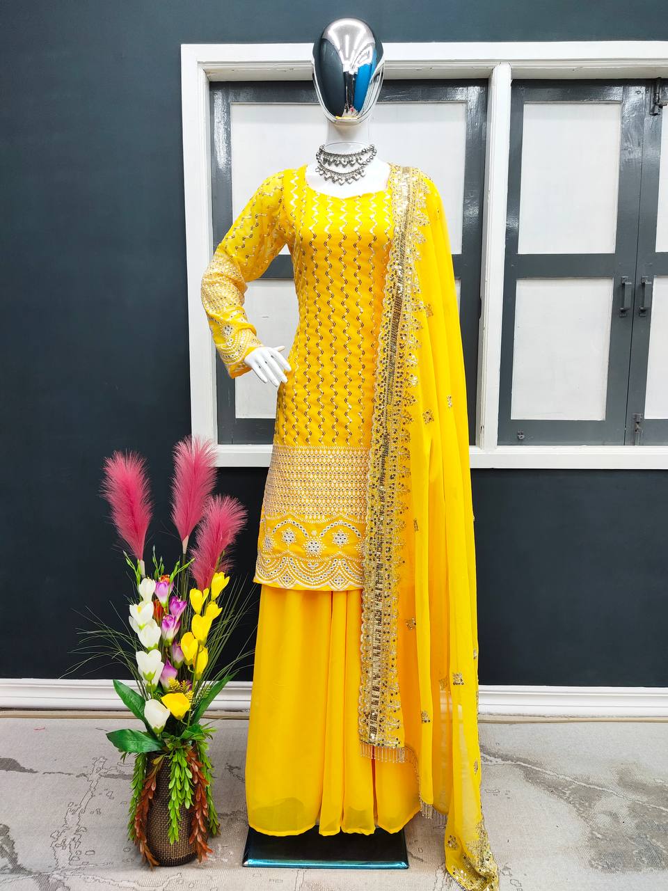 Yellow Color Sequence Embroidery Work Sharara Suit for Haldi