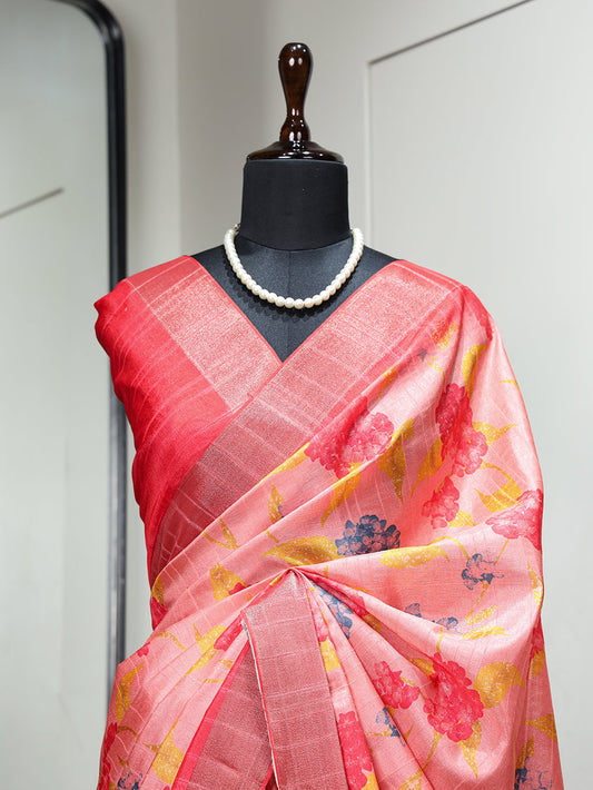 Pink Color Digital Printed Handloom Kotha Border Saree