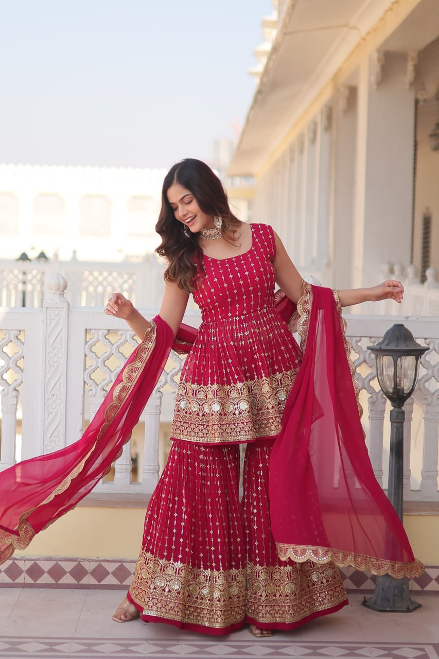 Pink Premium Designer Kurti-Gharara-Dupatta Set for Dazzling Occasions