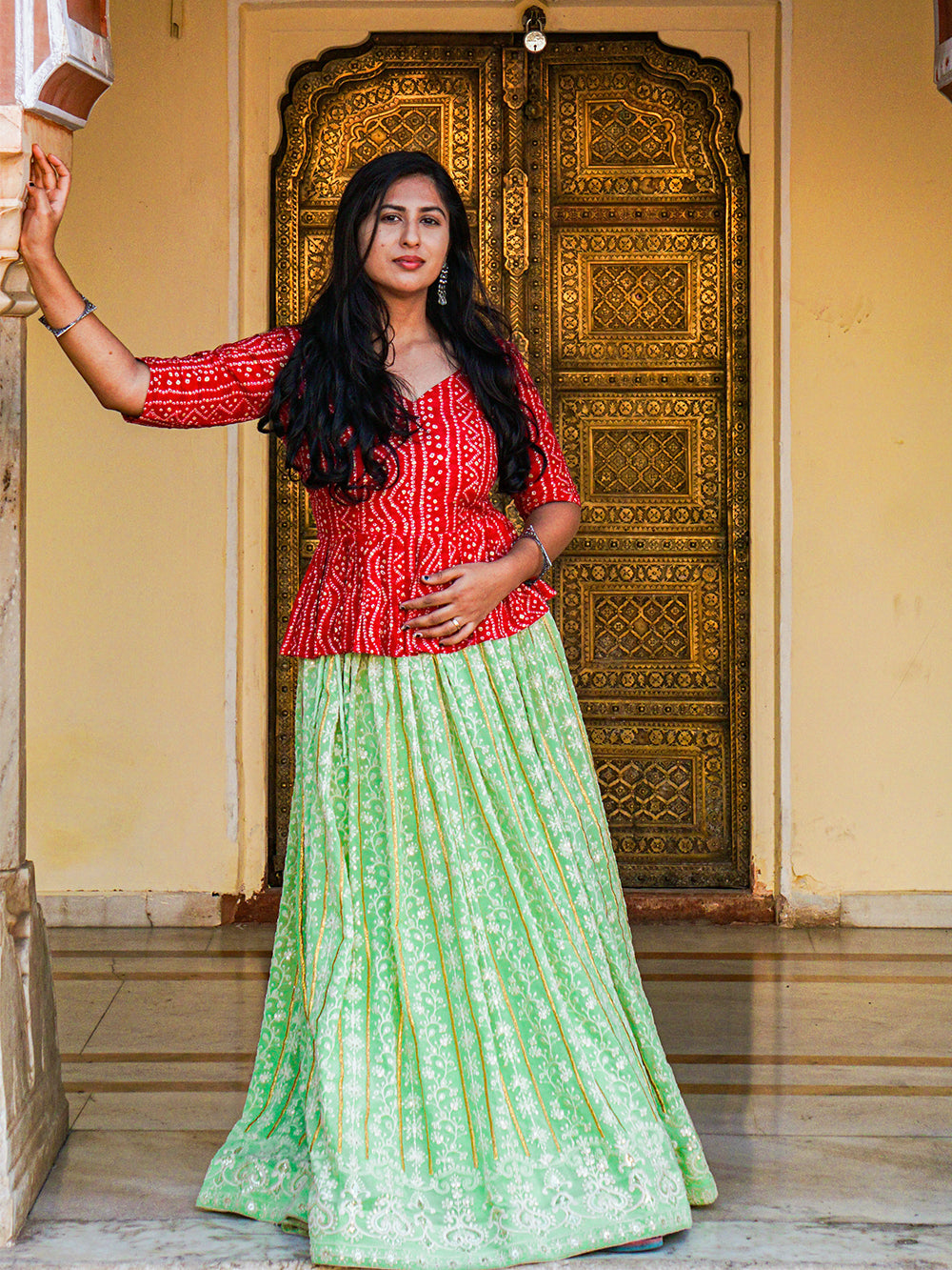 Pista Color Lucknowi Thread Work Georgette Lehenga With Foil And Printed Choli