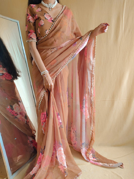 Brown Color Printed With Peral Lace Border Georgette Saree