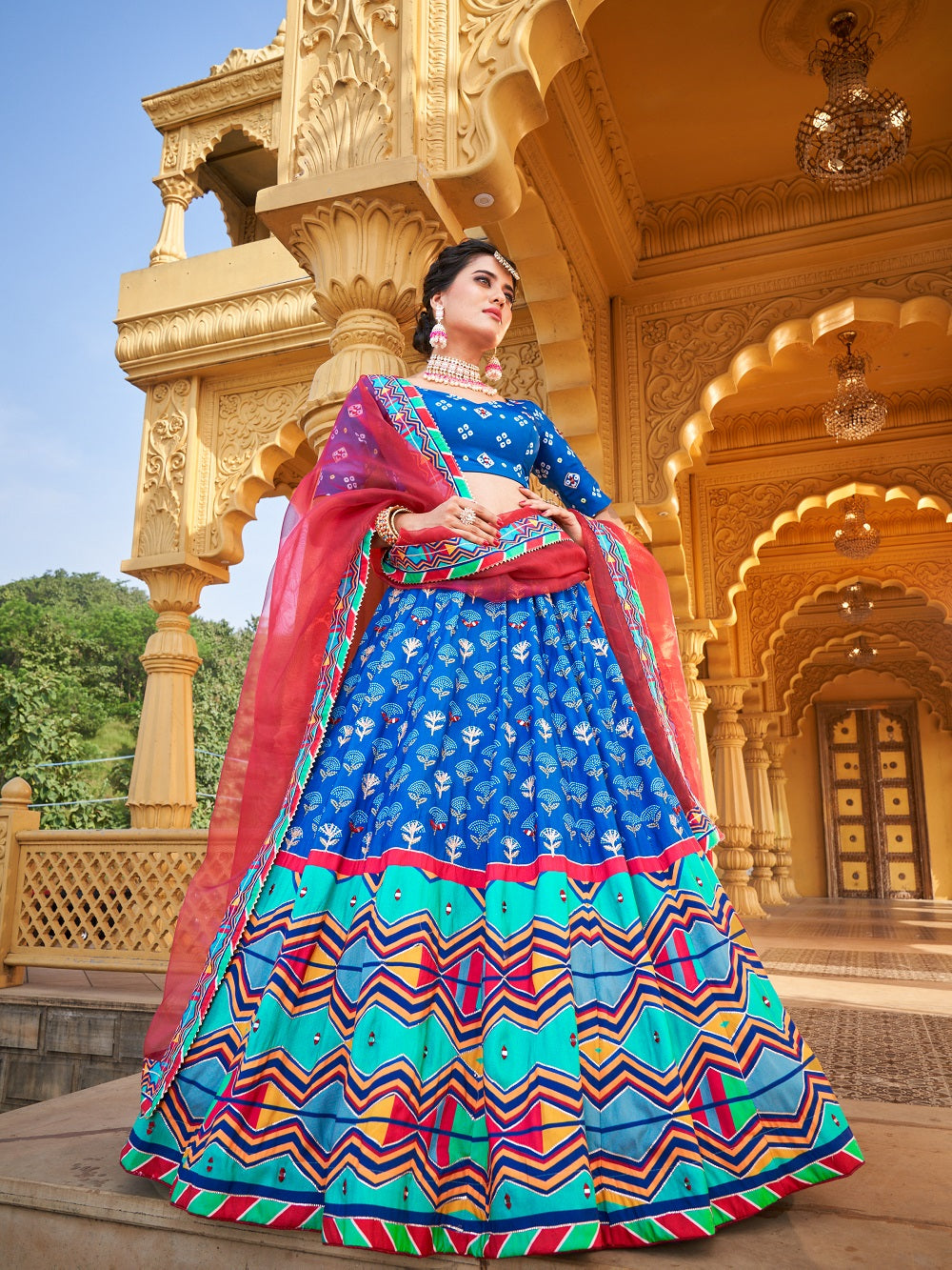 Blue Color Printed & Real Mirror With Gota Pati Work Vaishali Silk Lehenga