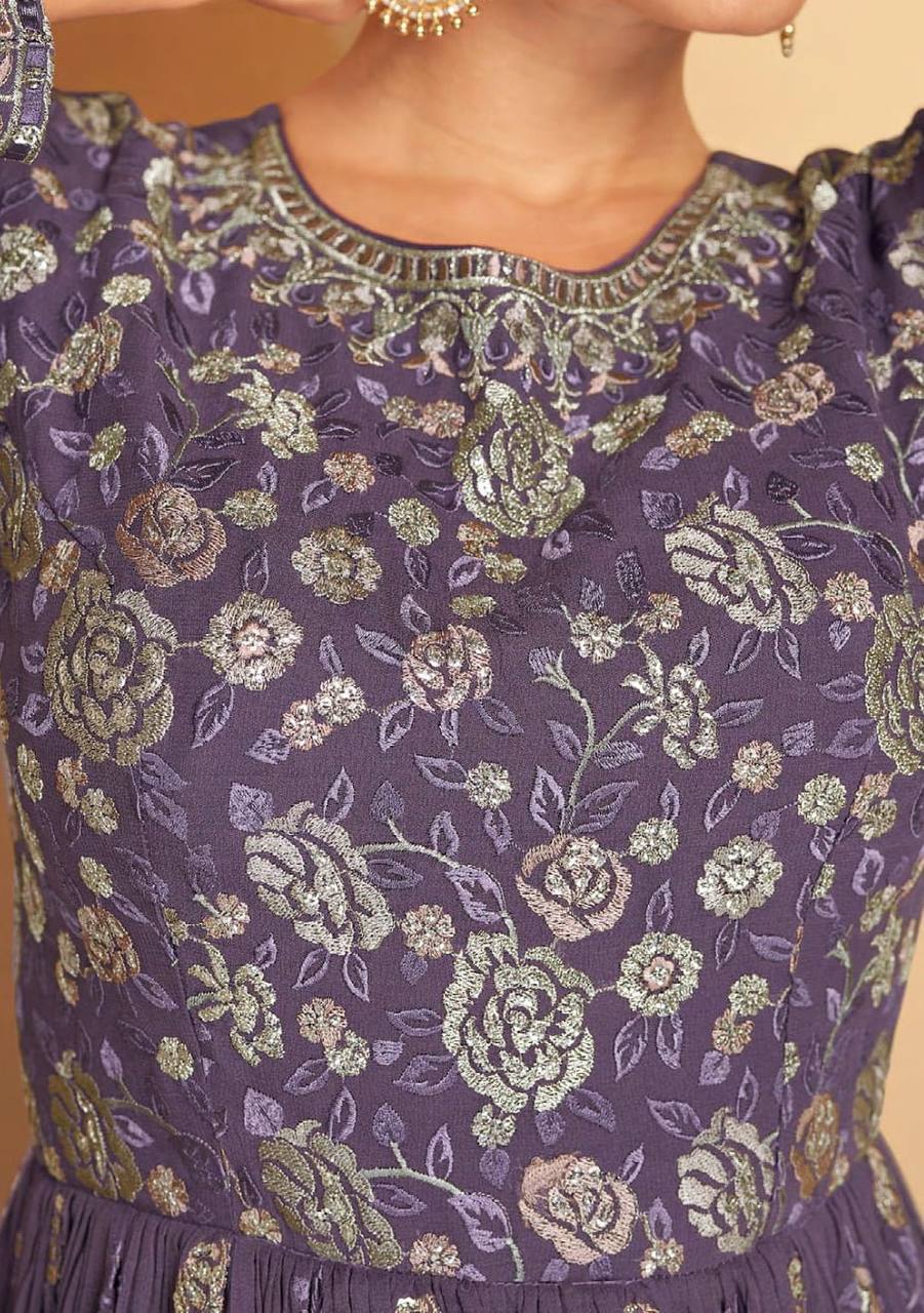 Purple Embroidered Georgette Anarkali Lehenga Suit