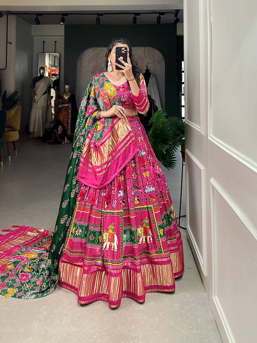 Rani Pink Color Digital Printed With Lagadi Patta Gaji Silk Lehenga Choli