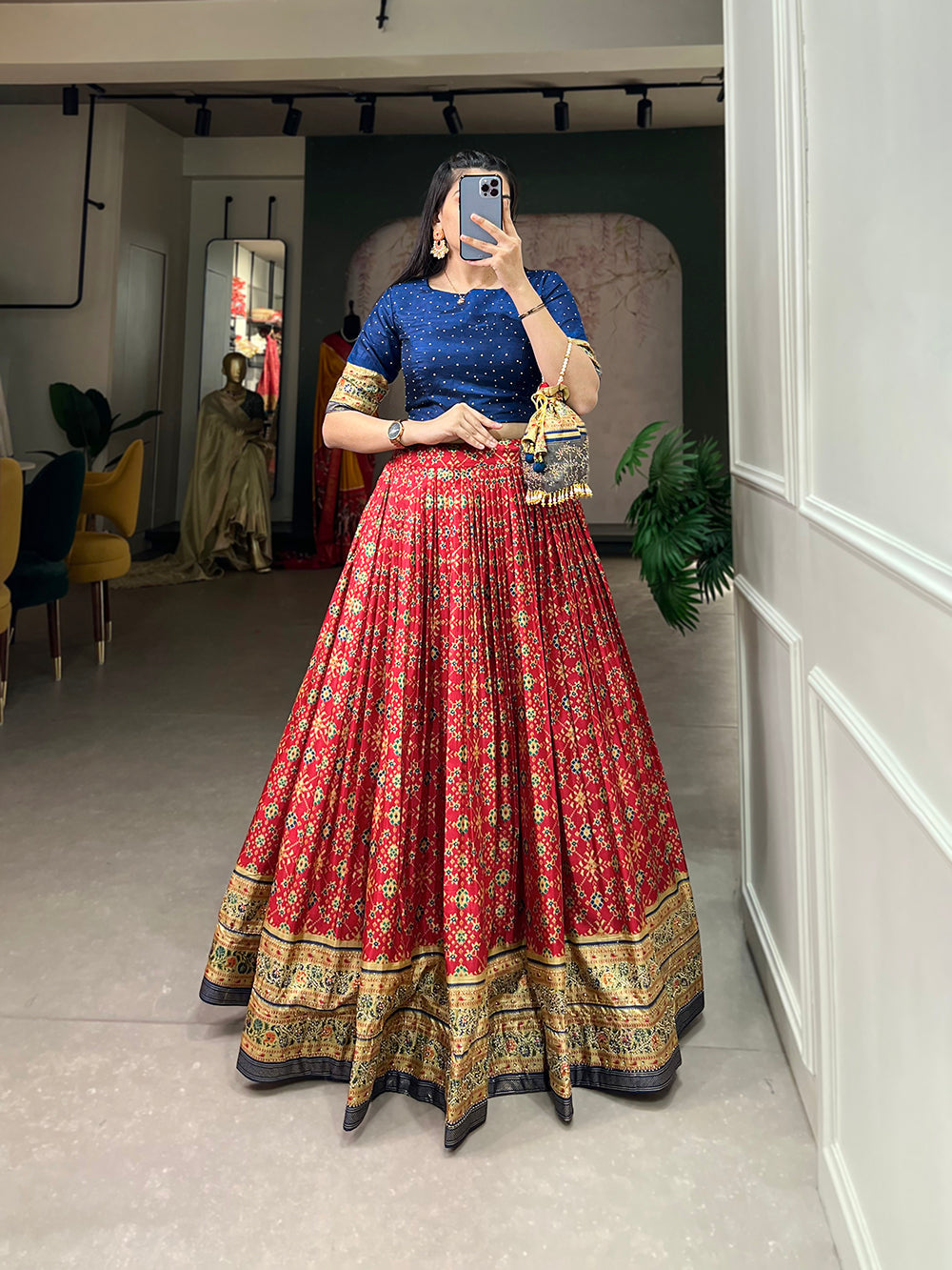 Red Color Foil Print And Embellish Stone Work Dola Silk Co-ord Set Lehenga
