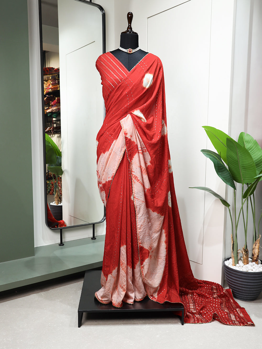 Red Color Sequins With Zari Line And Gota Patti Lace Border Viscose Chanderi Saree