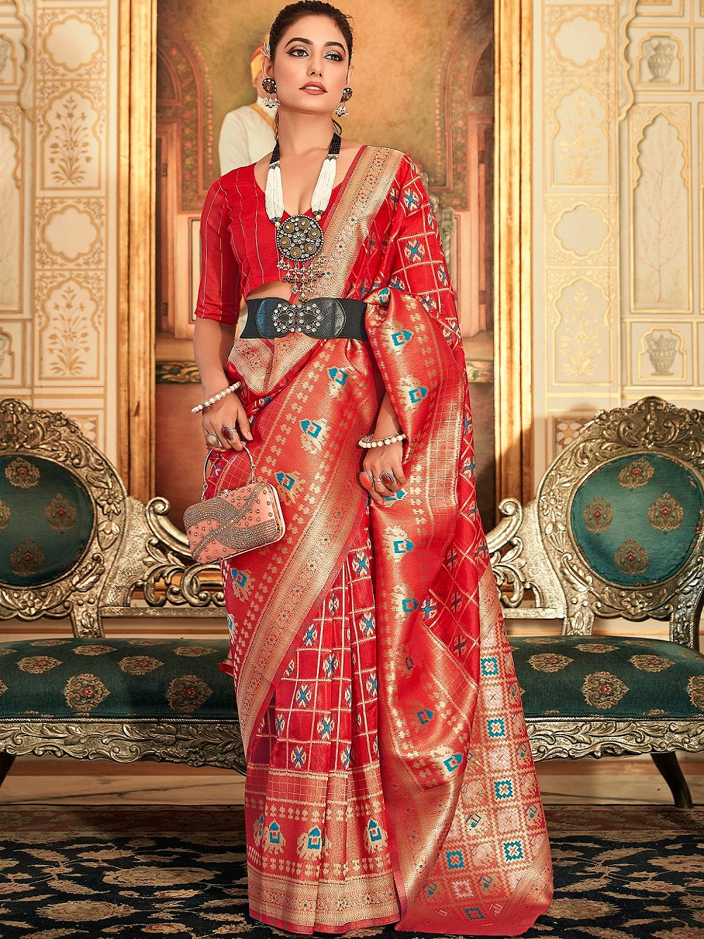 Red Color Weaving Work Organza Saree