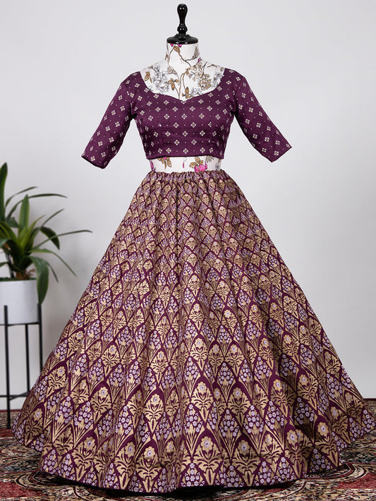 वाइन कलर आडा स्लब सिल्क फॉयल प्रिंटेड लहंगा चोली चंदेरी दुपट्टे के साथ