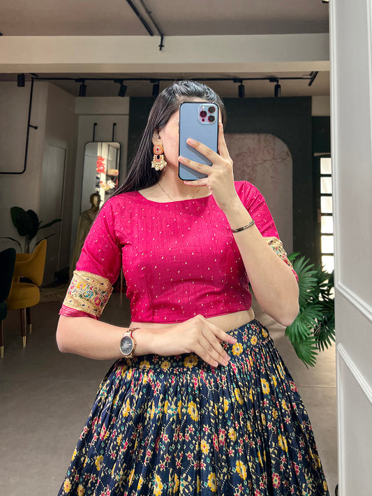 Navy Blue Color Foil Print And Embellish Stone Work Dola Silk Co-ord Set Lehenga