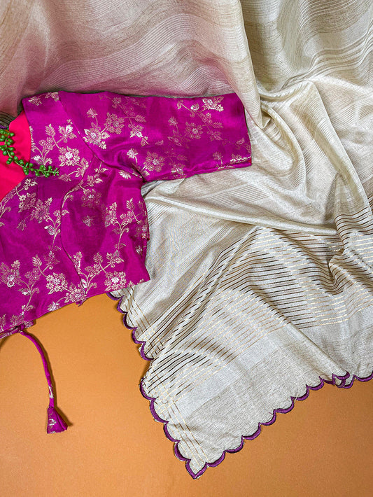 रानी पिंक कलर की आर्का वर्क मणिपुरी टसर साड़ी