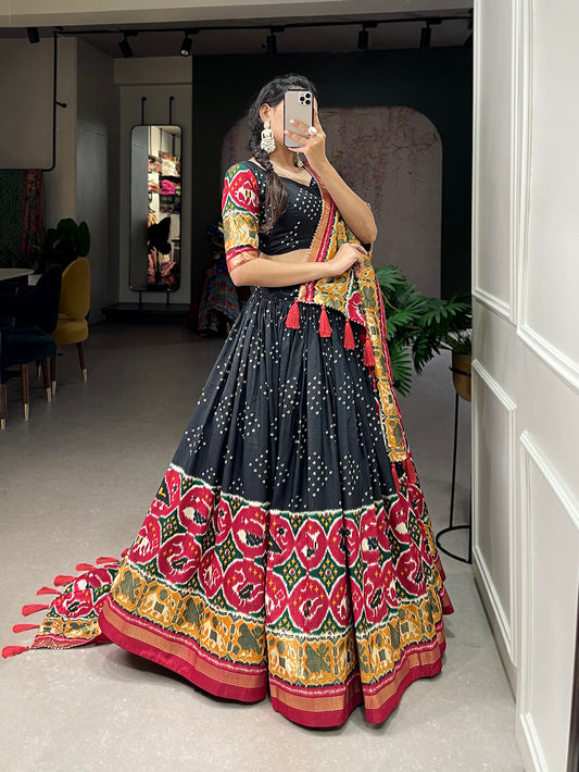 Black Color Patola Print With Foil Work Tussar Silk Lehenga Choli