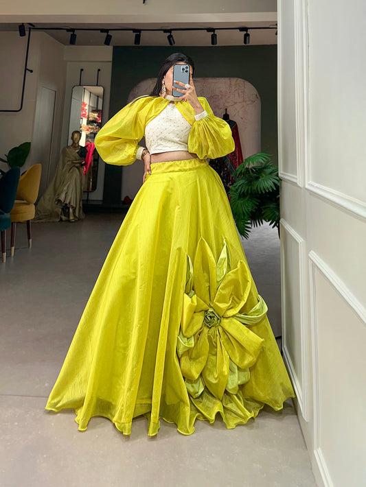 Parrot Color Plain With Hand Made Flower Rajwadi Chanderi Silk Co-ord Set Lehenga Choli