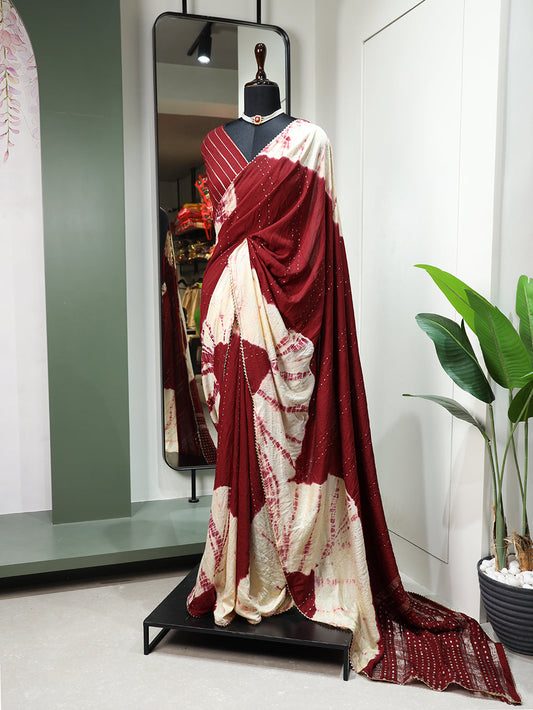 Maroon Color Sequins With Zari Line And Gota Patti Lace Border Viscose Chanderi Saree