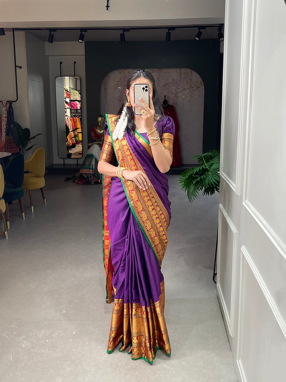Purple Color Zari Weaving Work Narayan Pet Saree