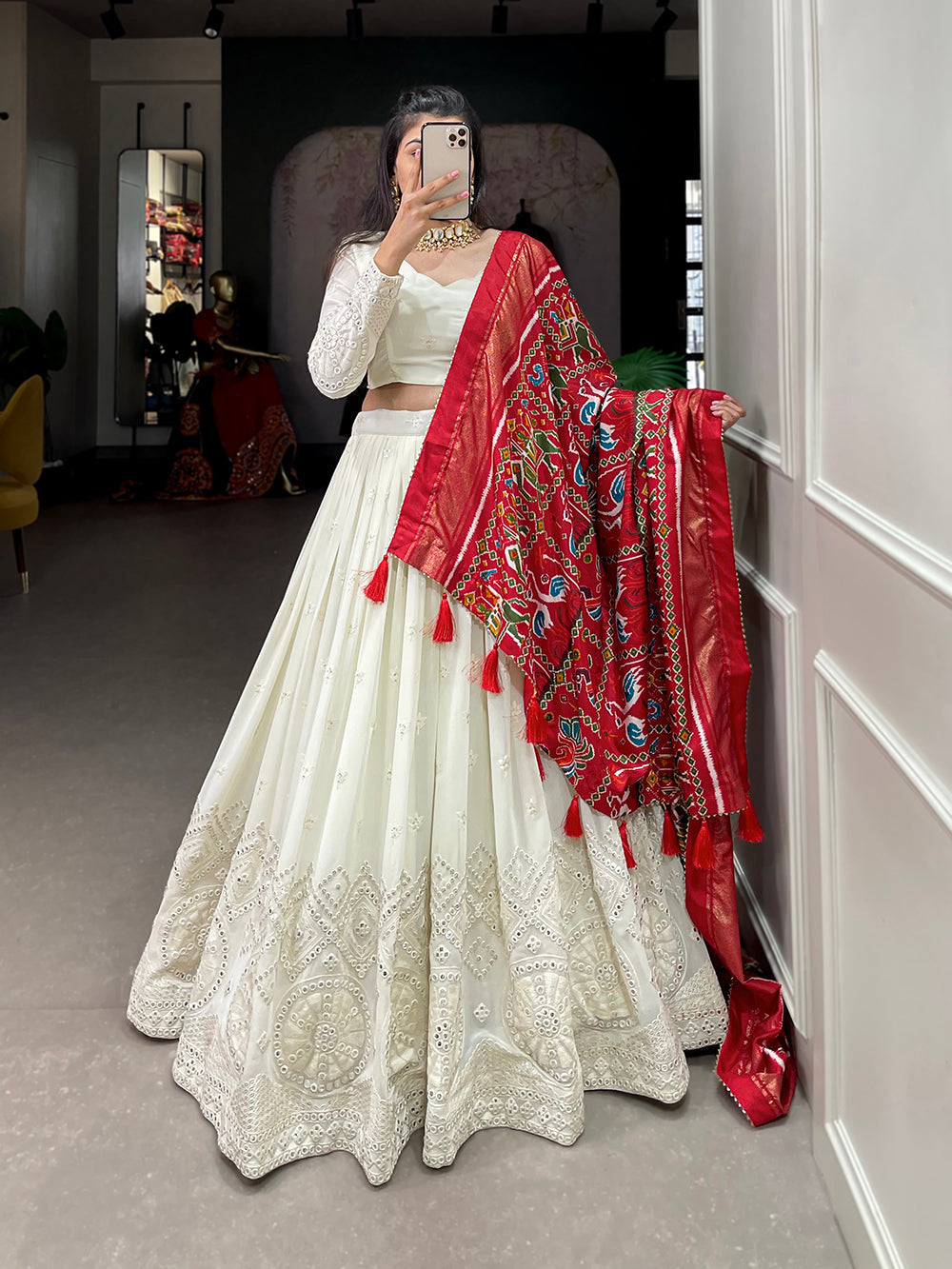 White Color Lucknowi Paper Mirror Work Georgette lehenga Choli
