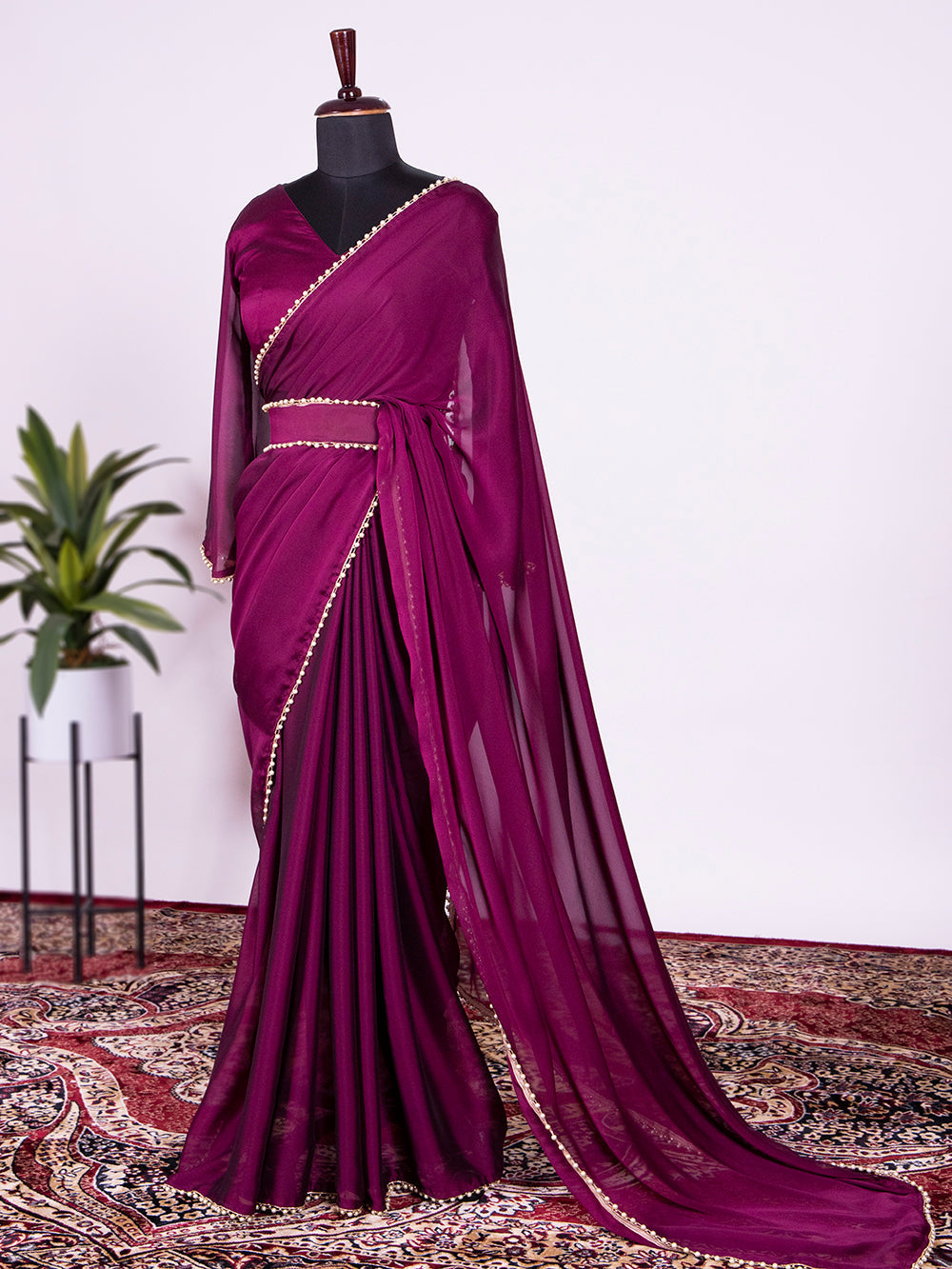 Wine Color Rangoli Silk Saree With Pearl Lace Border