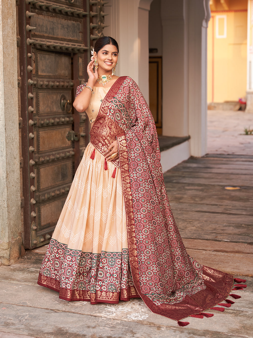 Off White Color Dot And Ajrakh With Foil Work Tussar Silk Lehenga Choli