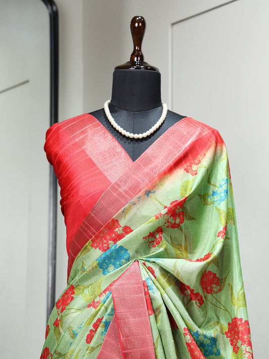 Parrot Color Digital Printed Handloom Kotha Border Saree