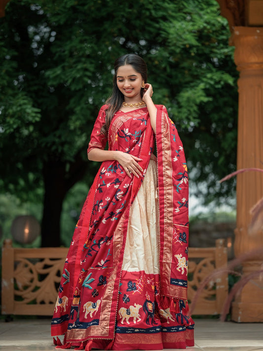 मैरून कलर प्रिंटेड विद फॉयल वर्क डोला सिल्क लहंगा चोली