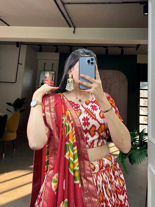 Off White Color Patola Print With Foil Work Tussar Silk Lehnga Choli