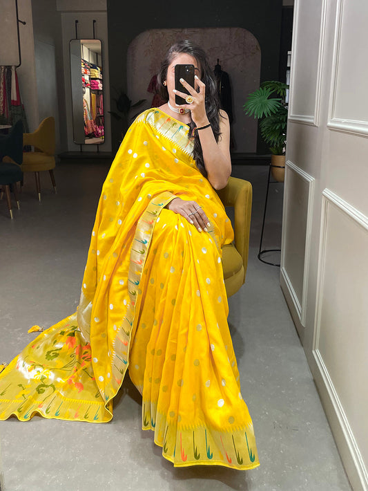 Yellow Color Zari Weaving Work Pure Viscose Saree
