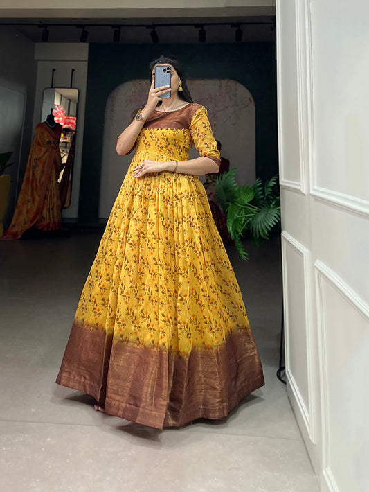 Yellow Color Print With Zari Patta Soft Cotton Dress