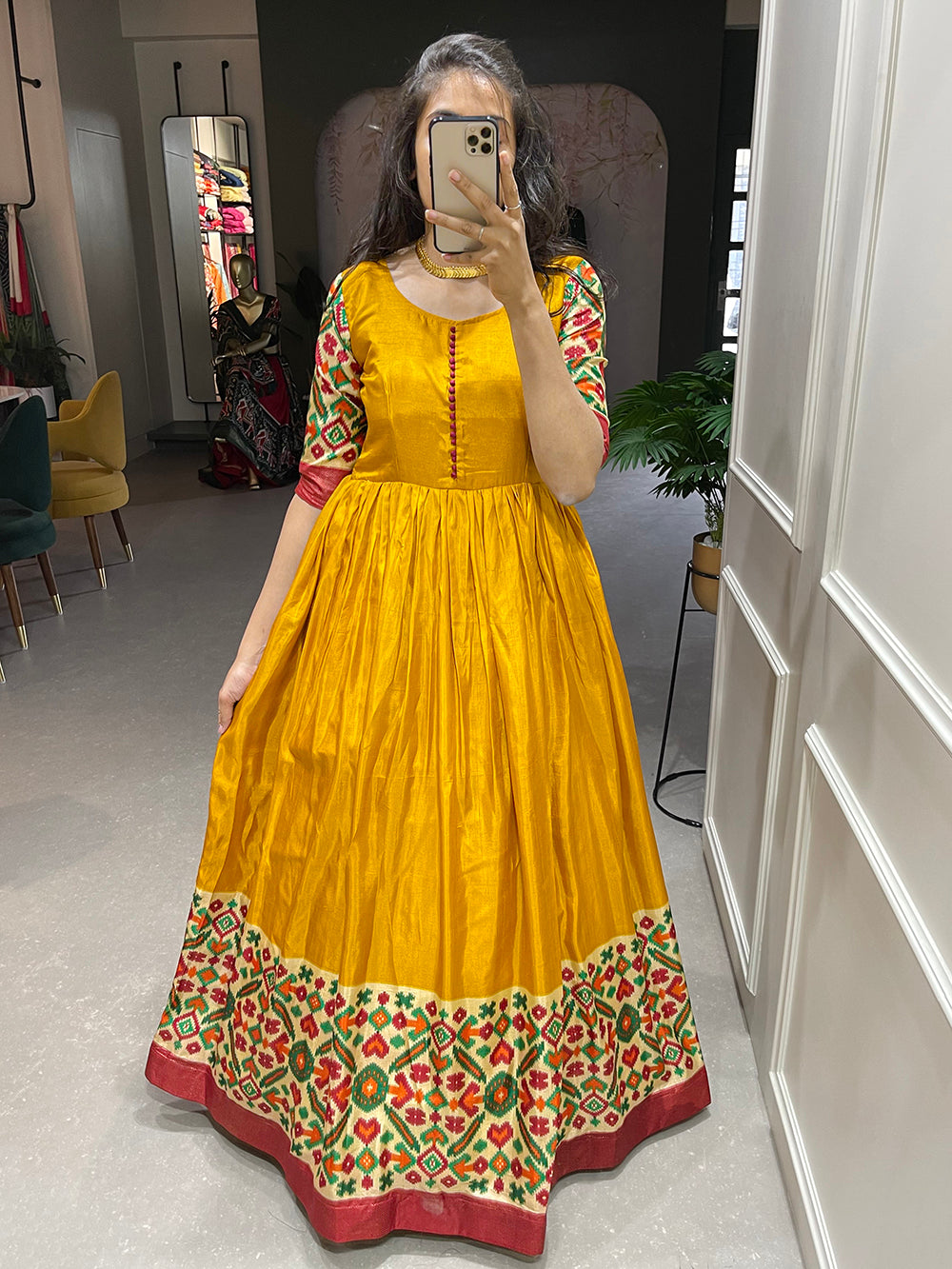 Yellow Color Foil Printed Dola Silk Dress