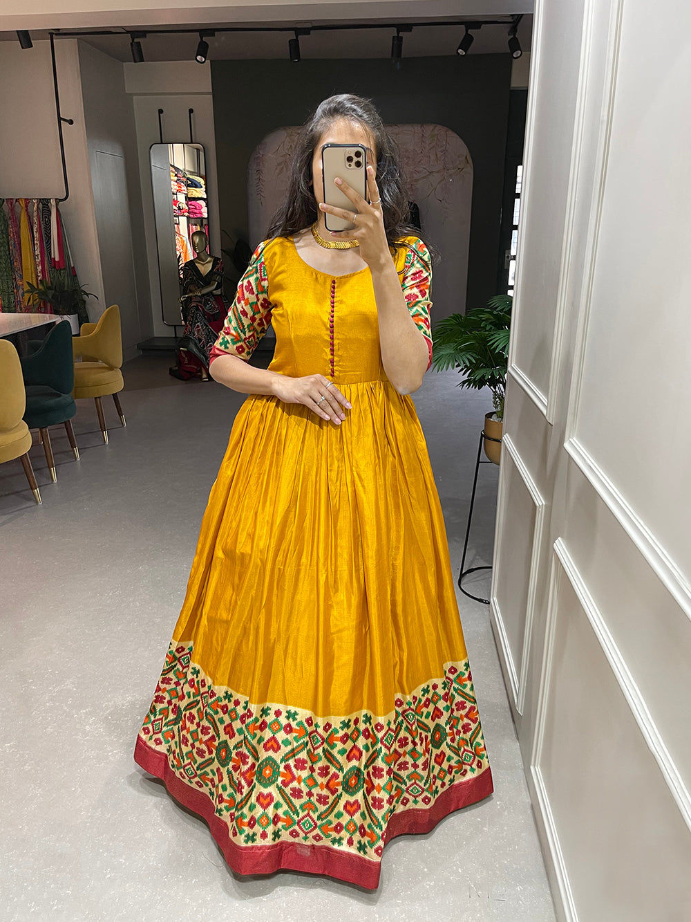 Yellow Color Foil Printed Dola Silk Dress Free Size Yellow Color Foil Printed Dola Silk Dress Free Size
