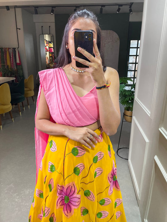 पीले रंग का सेक्विन और थ्रेड कढ़ाई वर्क जॉर्जेट को-ऑर्ड सेट लहंगा