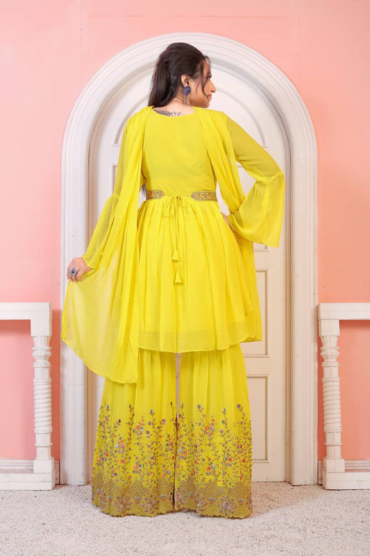 Yellow Embroidered Sharara Suit With Dupatta For Haldi
