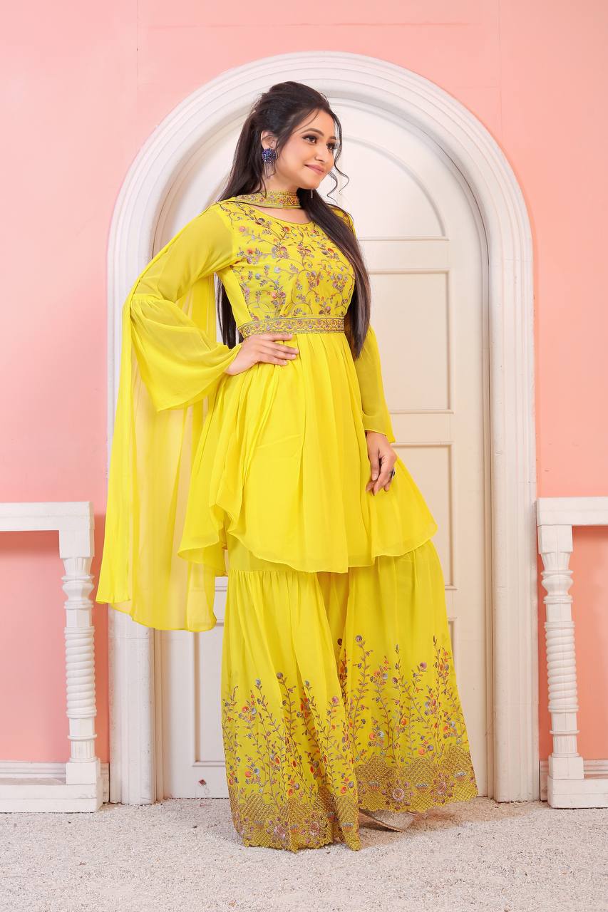 Yellow Embroidered Sharara Suit With Dupatta For Haldi