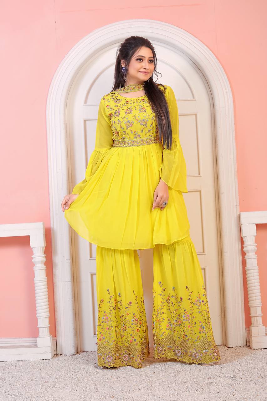 Yellow Embroidered Sharara Suit With Dupatta For Haldi