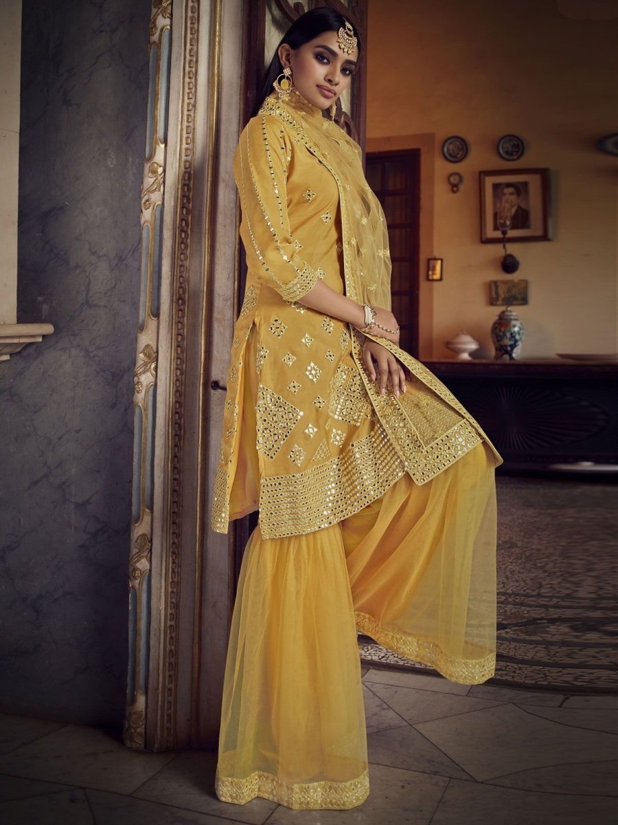 Yellow Organza Partywear Sharara Suit