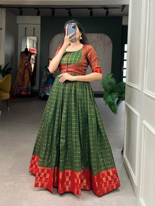 Green Color Zari Weaving Work Zari Chex Traditional Dress