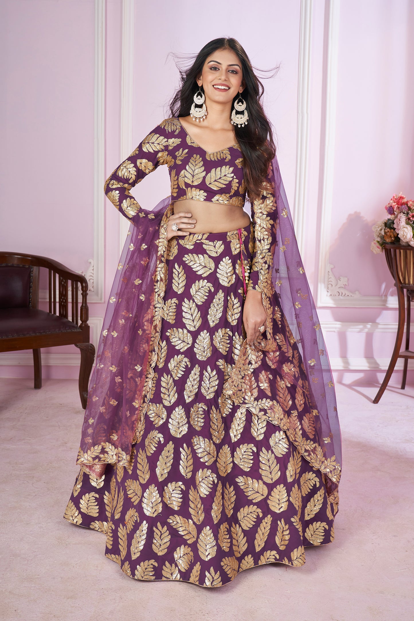 Purple Color Georgette Sequins, Zari Embroidery Work Lehenga Choli