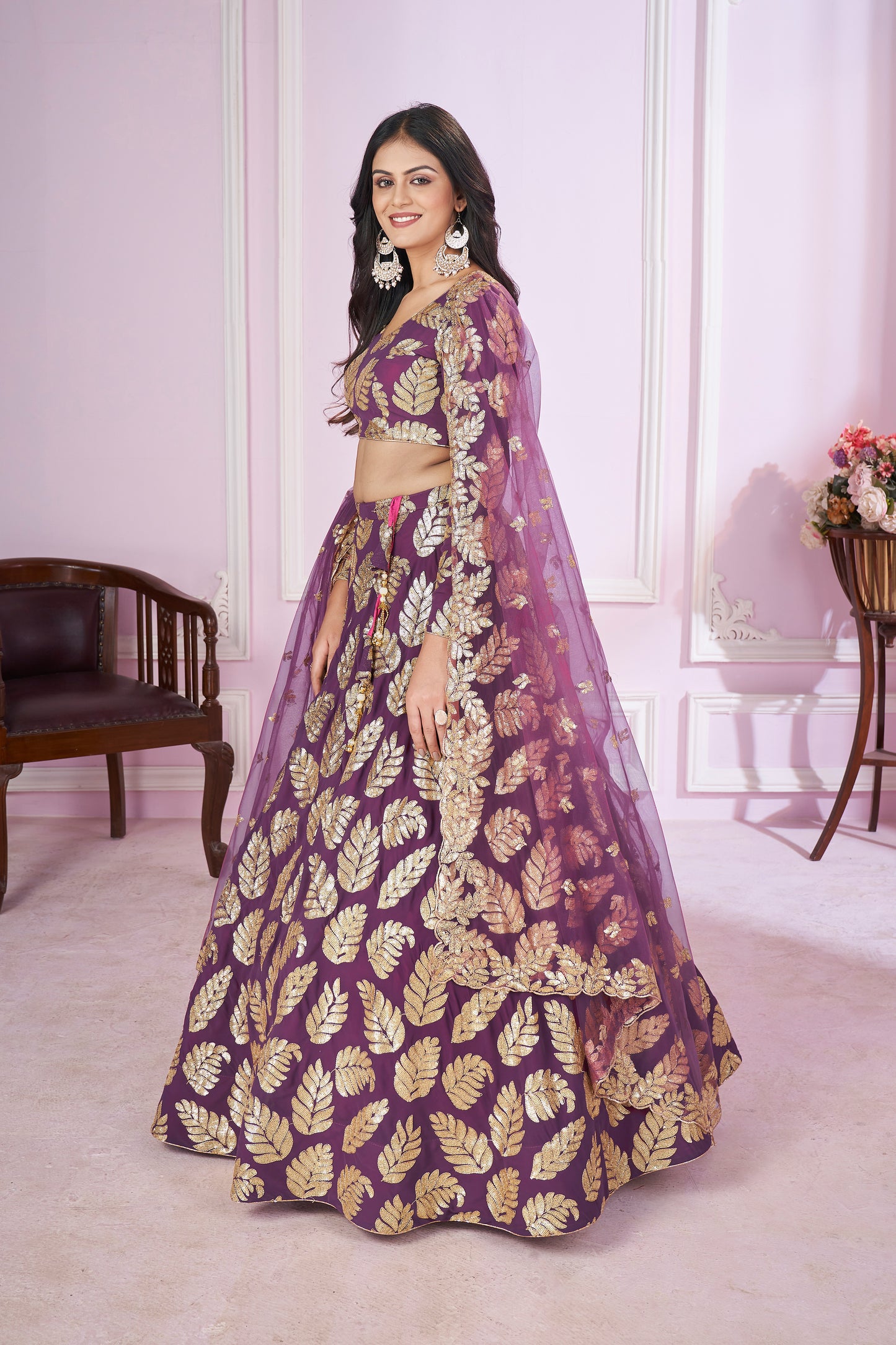 Purple Color Georgette Sequins, Zari Embroidery Work Lehenga Choli