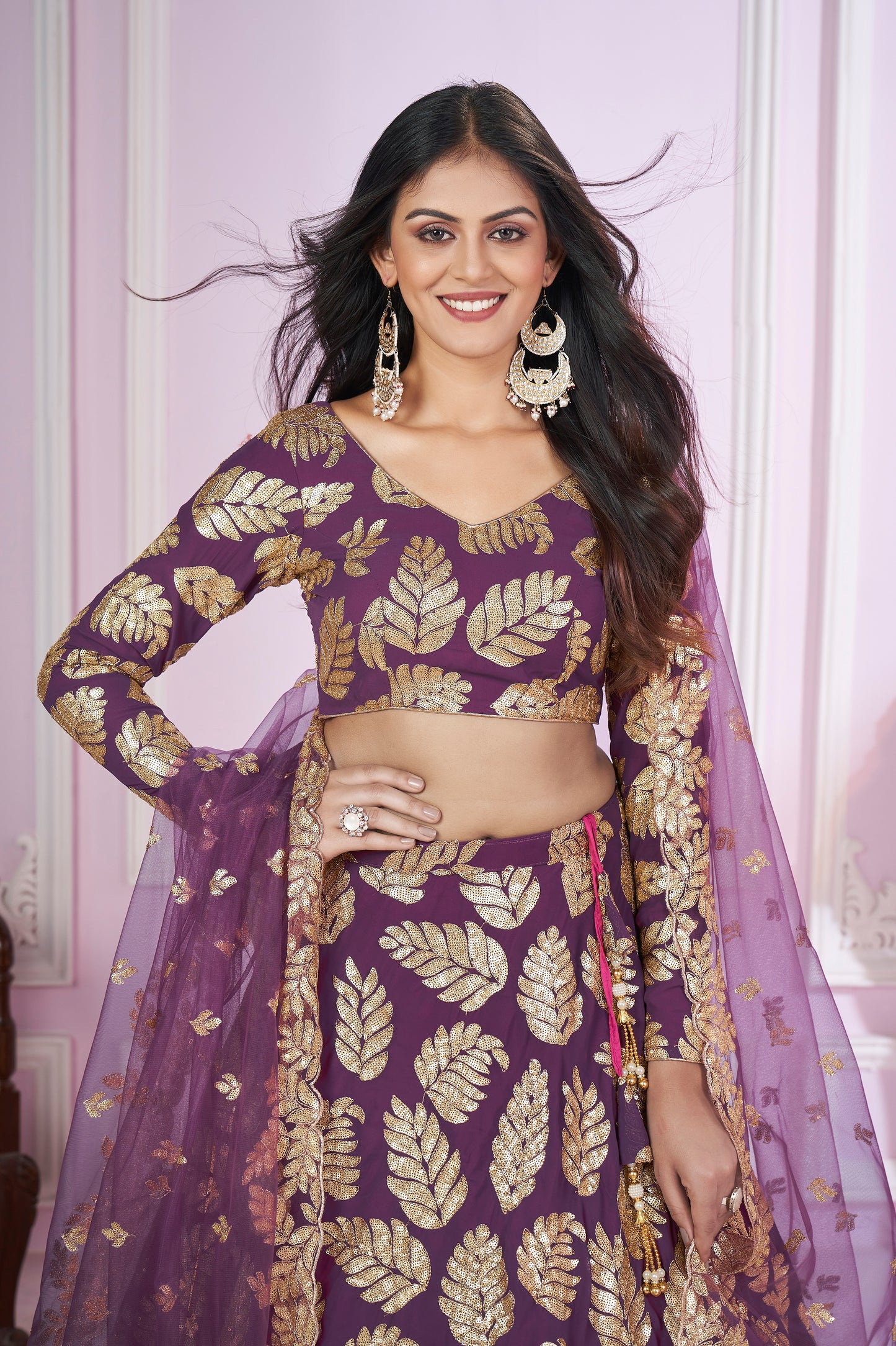 Purple Color Georgette Sequins, Zari Embroidery Work Lehenga Choli
