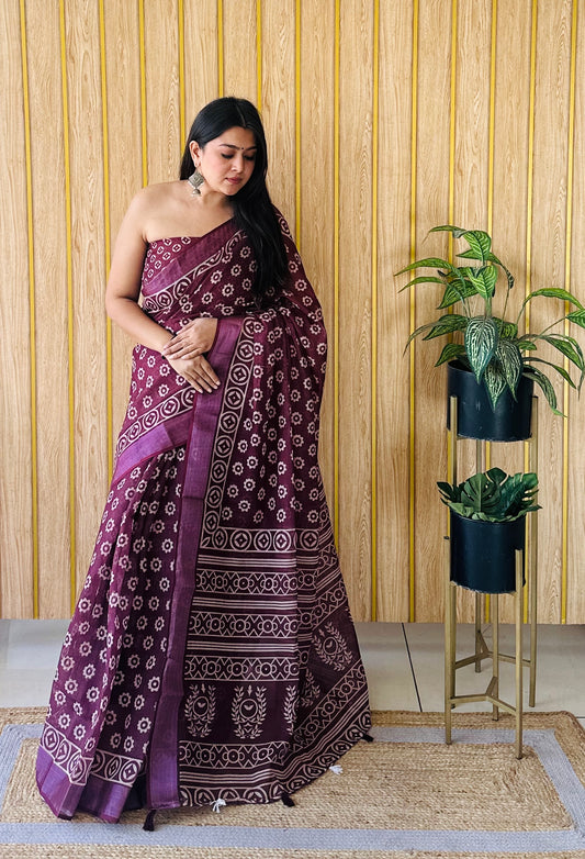 Soft Linen Cotton Digital Print Saree Very Premium And Rich Quality