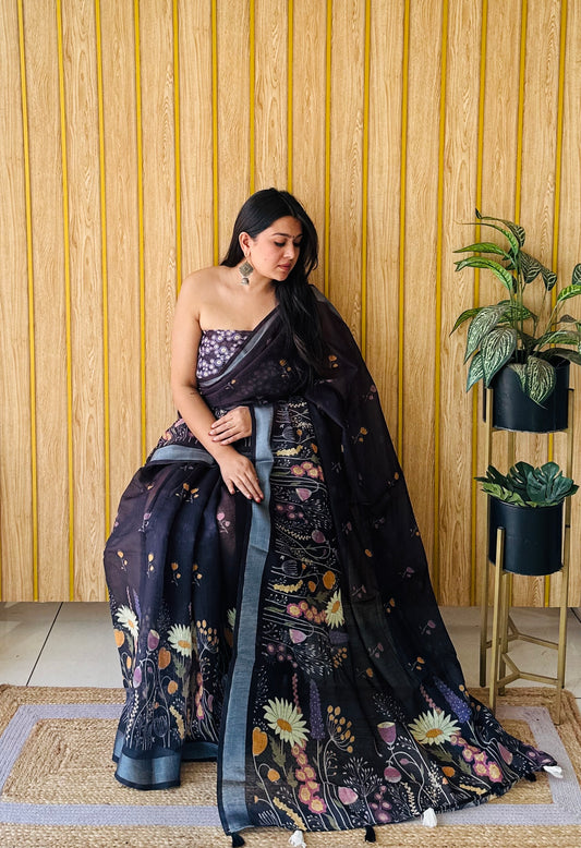 Black Color Premium Quality Beautiful Soft Linen Cotton Digital Print Saree