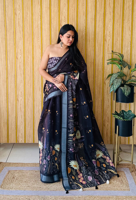Black Color Premium Quality Beautiful Soft Linen Cotton Digital Print Saree