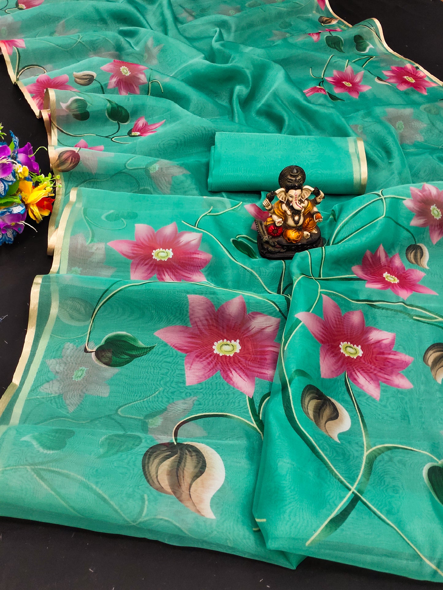 Sea Green Color Traditional And Classic With Best Quality Organza Digital Print
