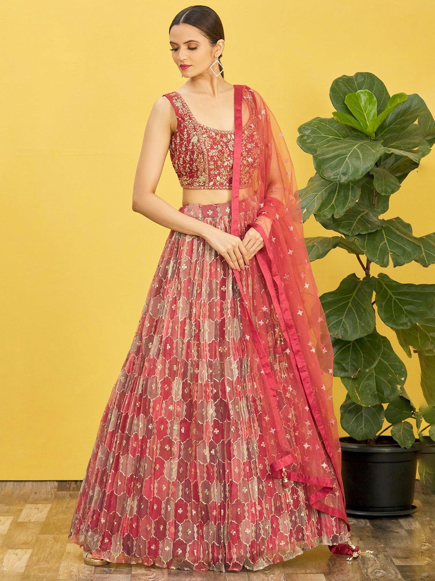 Brown Color Organza Real Mirror With Thread, Zari, Sequins Embroidered And Digital Print Work Lehenga Choli