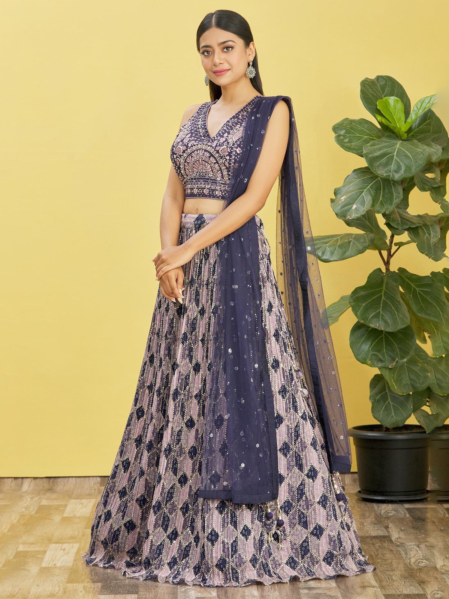 Blue Color Chinnon Real Mirror With Thread, Zari, Sequins Embroidered And Digital Print Work Lehenga Choli