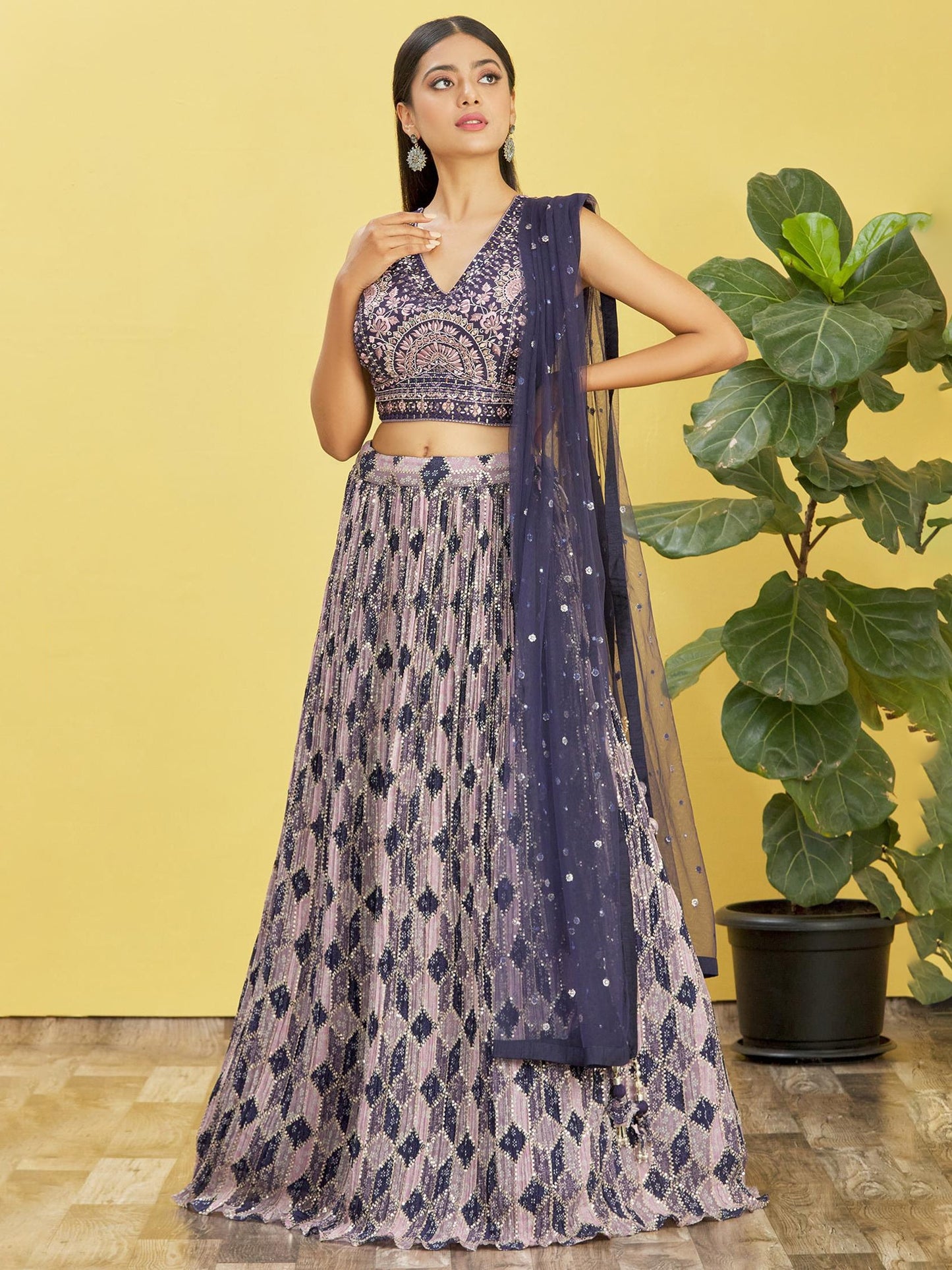 Blue Color Chinnon Real Mirror With Thread, Zari, Sequins Embroidered And Digital Print Work Lehenga Choli