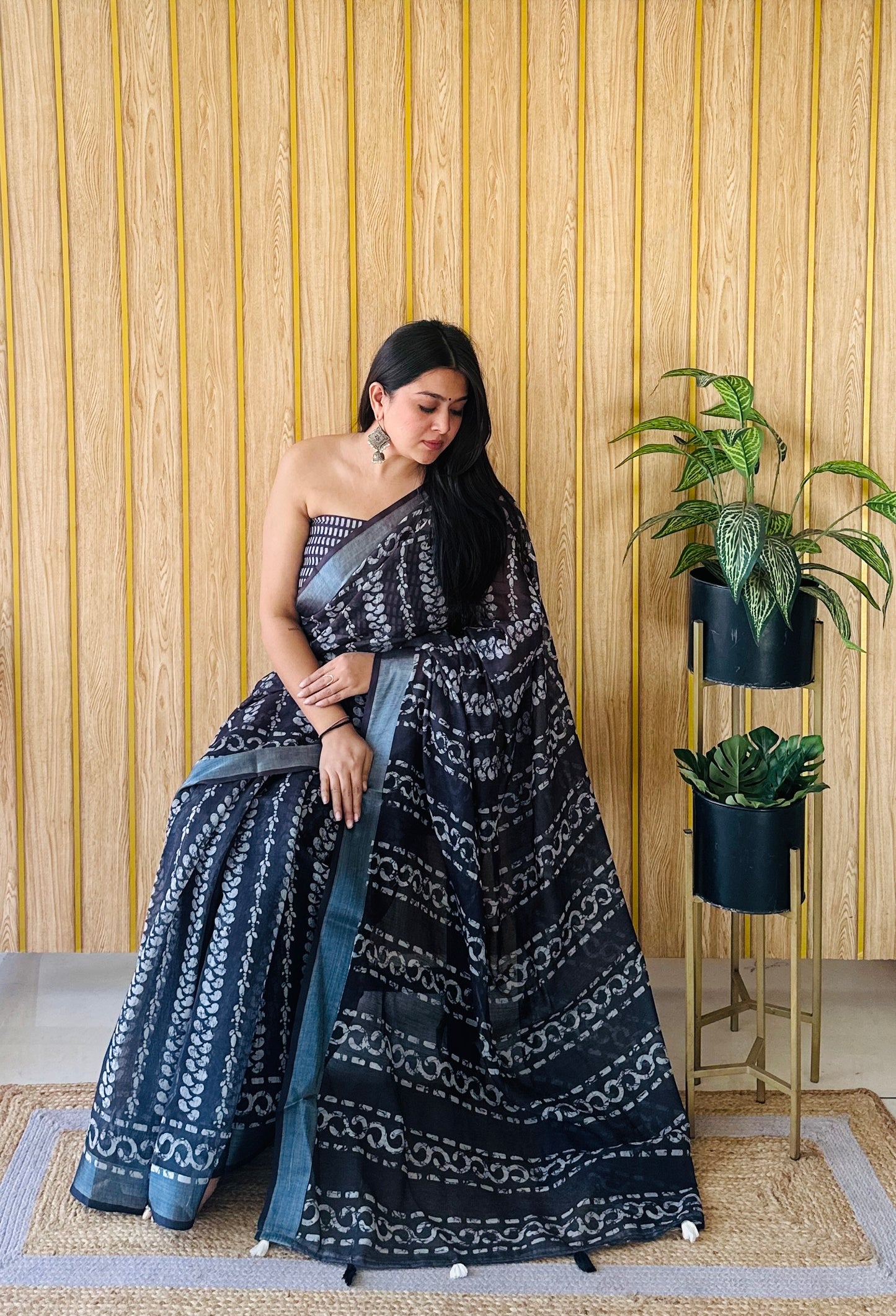 Black Color Soft Linen Cotton Digital Print Saree Very Premium And Rich Quality