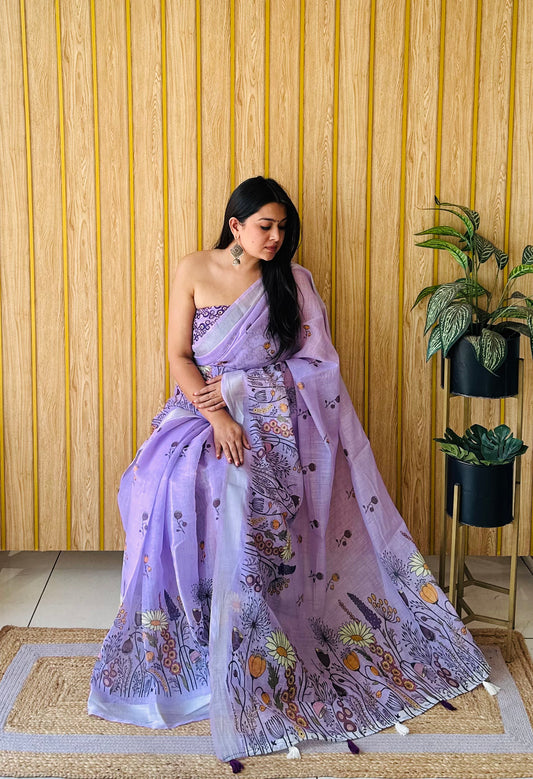 Purple Color Premium Quality Beautiful Soft Linen Cotton Digital Print Saree