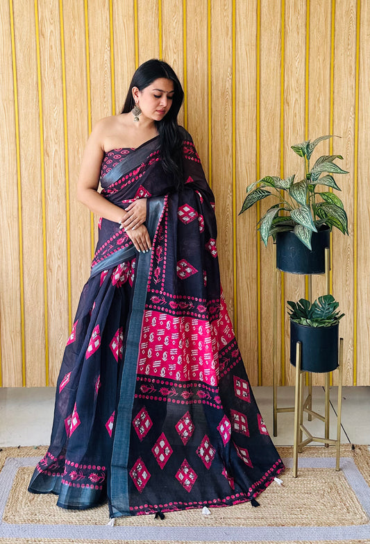 Black-Red Color Soft Linen Cotton Digital Print Saree Very Premium And Rich Quality