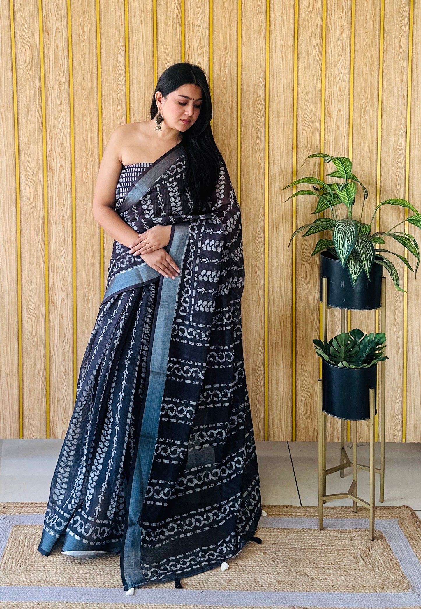 Black Color Soft Linen Cotton Digital Print Saree Very Premium And Rich Quality