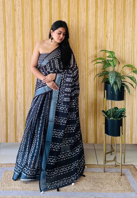 Black Color Soft Linen Cotton Digital Print Saree Very Premium And Rich Quality