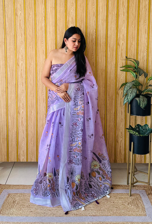 Purple Color Premium Quality Beautiful Soft Linen Cotton Digital Print Saree